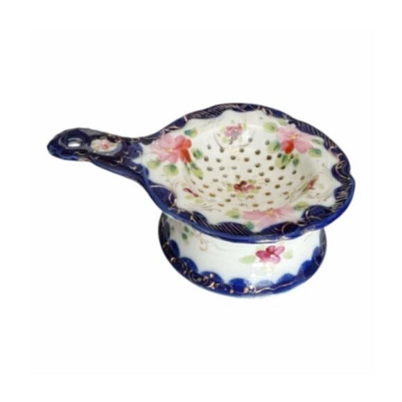 Vintage Tea Strainer and Drip Cup Hand Painted BNavy and Pink Flowers - Picture 4 of 10